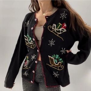 Vintage B.P. Design Beaded Sequinned Festive "Ugly" Christmas Sweater Cardigan L